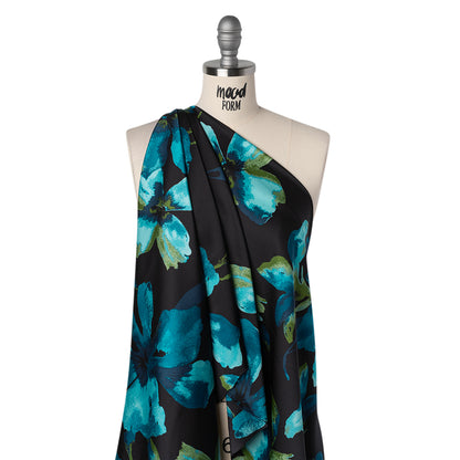 Stretch Polyester Charmeuse Print - Black, Aegean Teal and Green Floral - Designer Deadstock