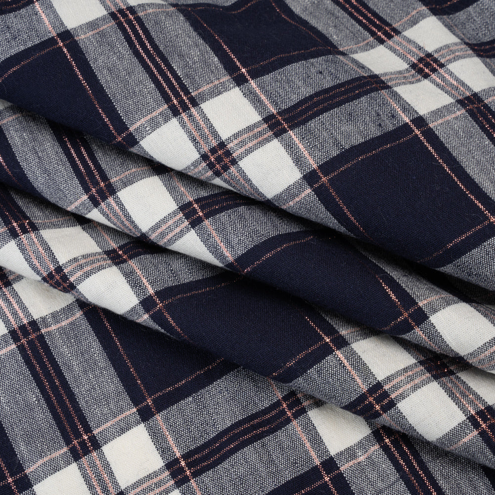 Metallic Stretch Linen and Rayon Woven - White, Navy Blue and Rose Gold Plaid