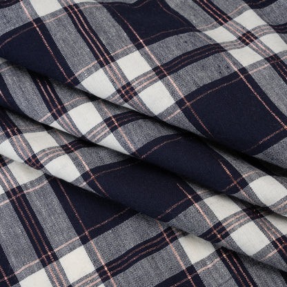 Metallic Stretch Linen and Rayon Woven - White, Navy Blue and Rose Gold Plaid