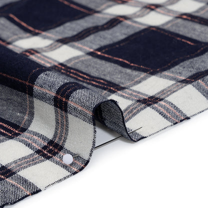 Metallic Stretch Linen and Rayon Woven - White, Navy Blue and Rose Gold Plaid