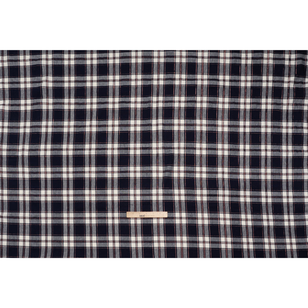 Metallic Stretch Linen and Rayon Woven - White, Navy Blue and Rose Gold Plaid
