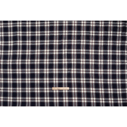 Metallic Stretch Linen and Rayon Woven - White, Navy Blue and Rose Gold Plaid