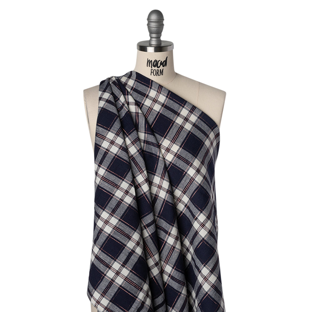 Metallic Stretch Linen and Rayon Woven - White, Navy Blue and Rose Gold Plaid