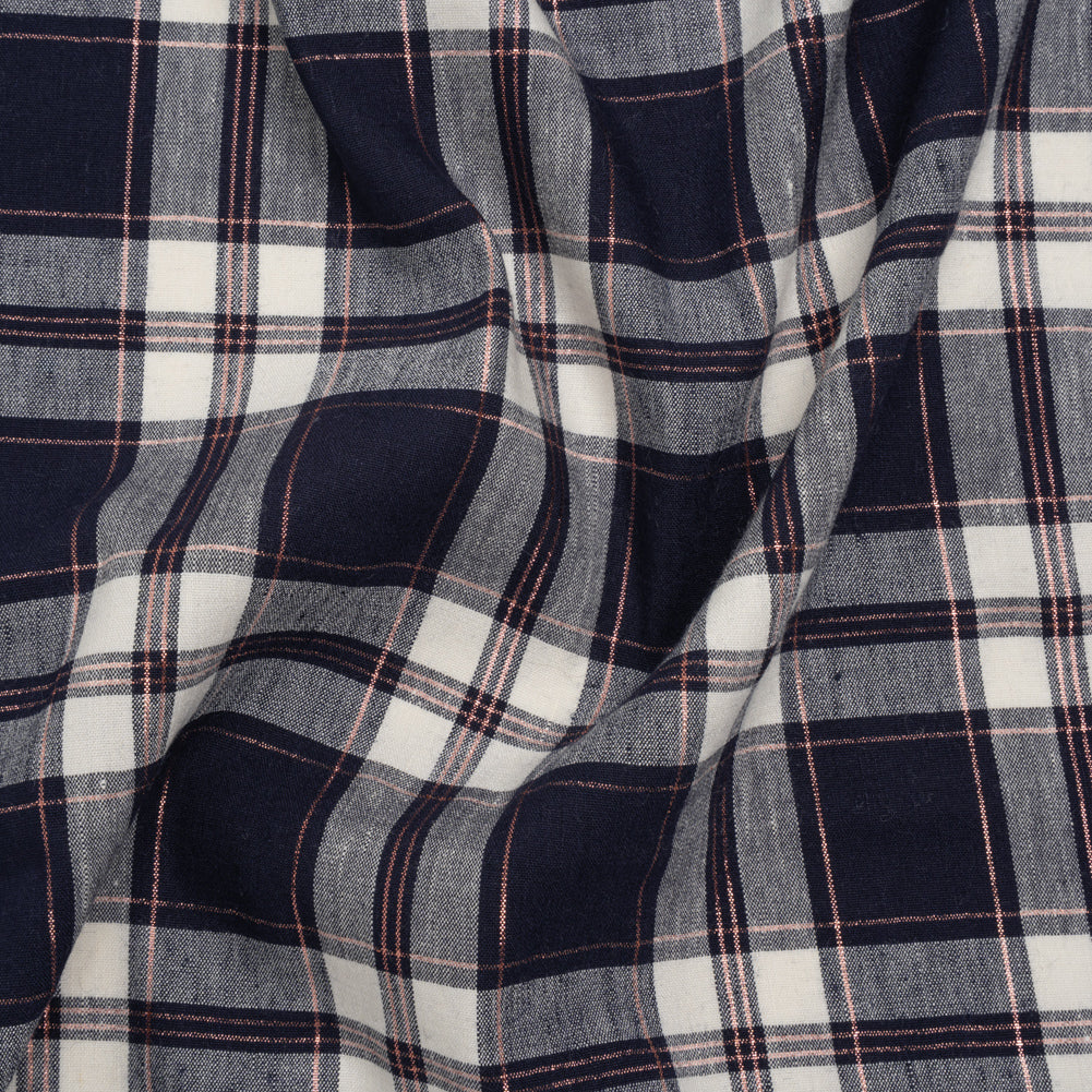 Metallic Stretch Linen and Rayon Woven - White, Navy Blue and Rose Gold Plaid