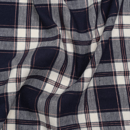 Metallic Stretch Linen and Rayon Woven - White, Navy Blue and Rose Gold Plaid