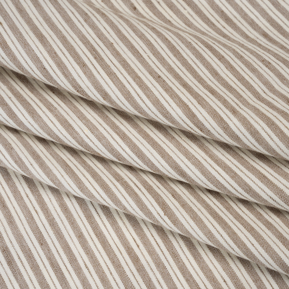 Stretch Linen and Rayon Woven - Coffee and Ivory Ticking Stripes