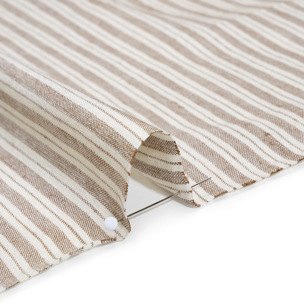 Stretch Linen and Rayon Woven - Coffee and Ivory Ticking Stripes