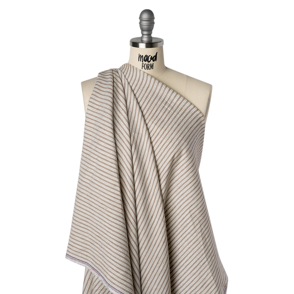 Stretch Linen and Rayon Woven - Coffee and Ivory Ticking Stripes