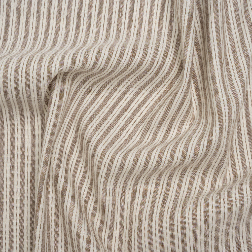 Stretch Linen and Rayon Woven - Coffee and Ivory Ticking Stripes