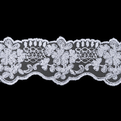 Embroidered Lace Tulle Trim with Scalloped Edges - 2" - White Floral with Lattice Ladders