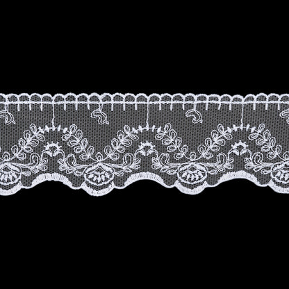 Embroidered Lace Tulle Trim with Scalloped Edges - 2.375" - White Leafy Vines and Flowers