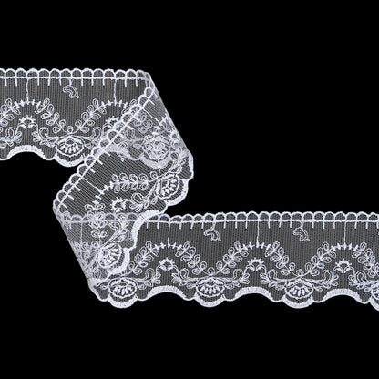 Embroidered Lace Tulle Trim with Scalloped Edges - 2.375" - White Leafy Vines and Flowers
