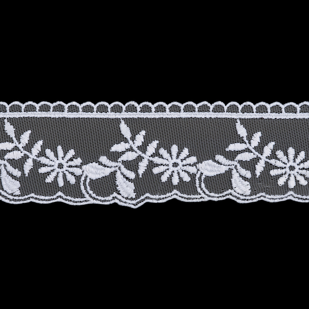 Embroidered Lace Tulle Trim with Scalloped Edges - 2" - White Daisy Stems