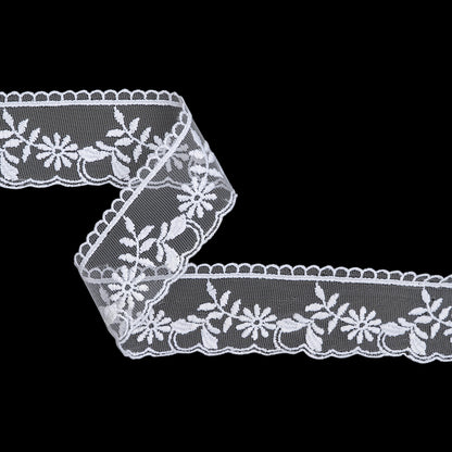 Embroidered Lace Tulle Trim with Scalloped Edges - 2" - White Daisy Stems