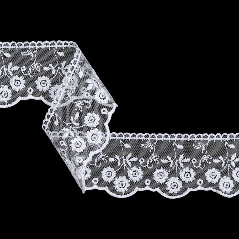 Embroidered Lace Tulle Trim with Scalloped Edges - 2.625" - White Sunflower Bunches