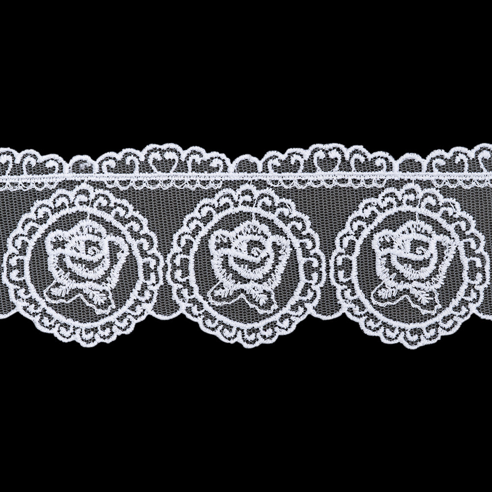 Embroidered Lace Tulle Trim with Scalloped Edges - 2.75" - White Rose Medallions