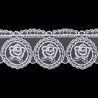 Embroidered Lace Tulle Trim with Scalloped Edges - 2.75" - White Rose Medallions