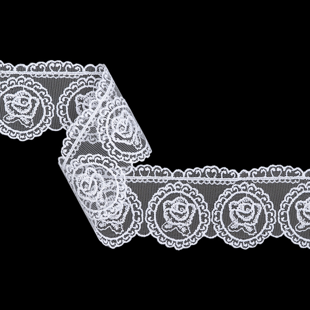 Embroidered Lace Tulle Trim with Scalloped Edges - 2.75" - White Rose Medallions