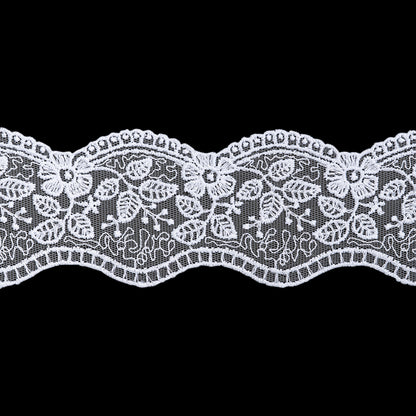 Embroidered Lace Tulle Trim with Scalloped Edges - 2.375" - White Floral Leaves