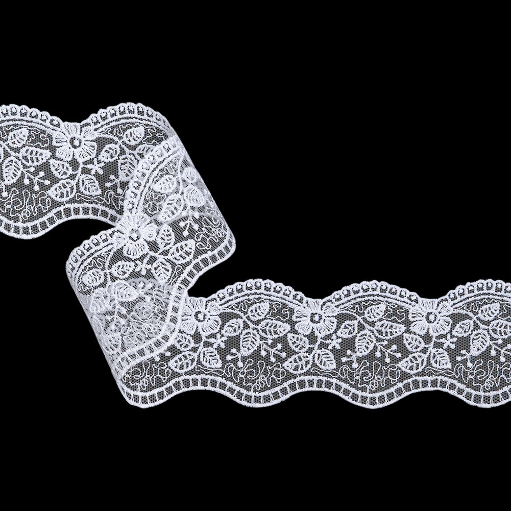 Embroidered Lace Tulle Trim with Scalloped Edges - 2.375" - White Floral Leaves