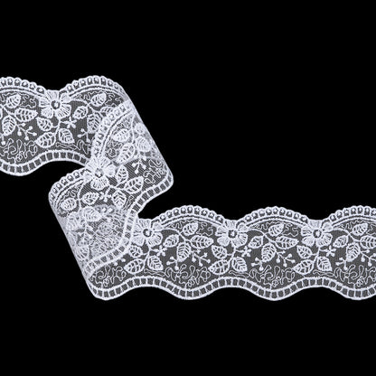 Embroidered Lace Tulle Trim with Scalloped Edges - 2.375" - White Floral Leaves