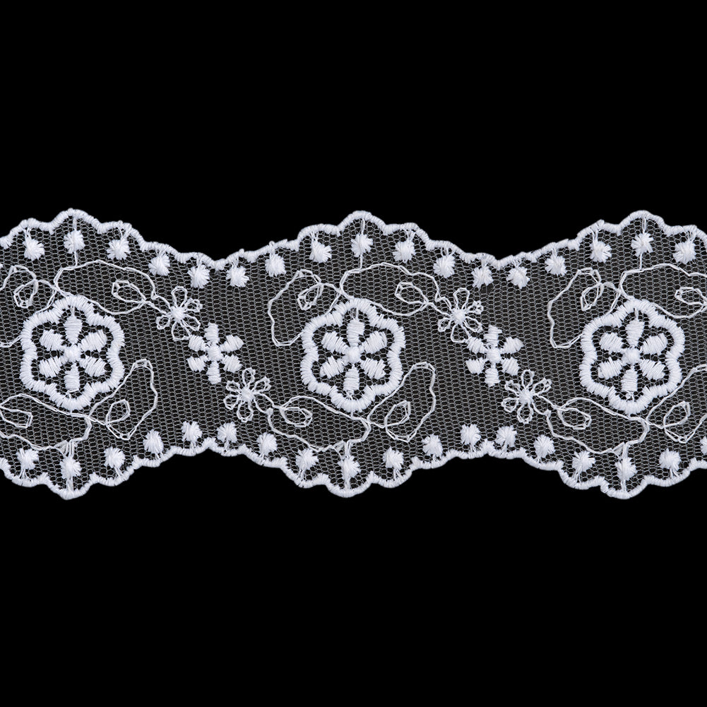 Embroidered Lace Tulle Trim with Scalloped Edges - 2.375" - White Flowers and Dot Borders