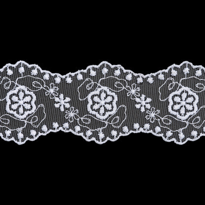 Embroidered Lace Tulle Trim with Scalloped Edges - 2.375" - White Flowers and Dot Borders