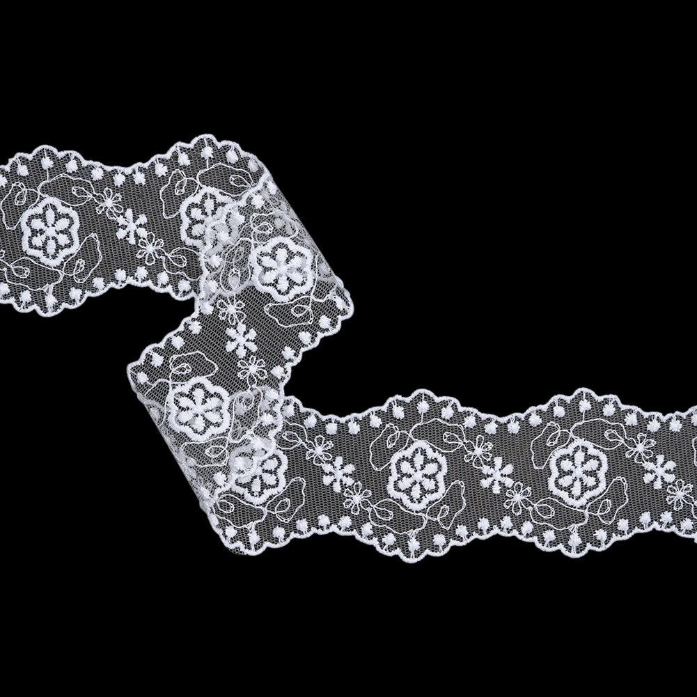 Embroidered Lace Tulle Trim with Scalloped Edges - 2.375" - White Flowers and Dot Borders