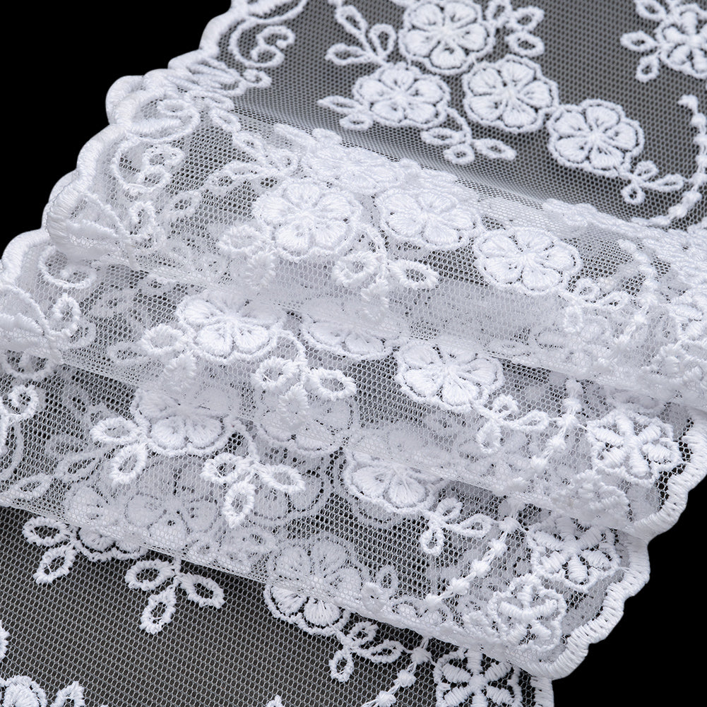 Embroidered Lace Tulle Trim with Scalloped Edges - 4.25" - White Flower Bunches and Drapes