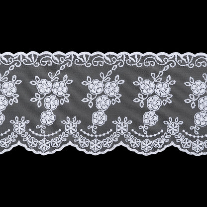 Embroidered Lace Tulle Trim with Scalloped Edges - 4.25" - White Flower Bunches and Drapes