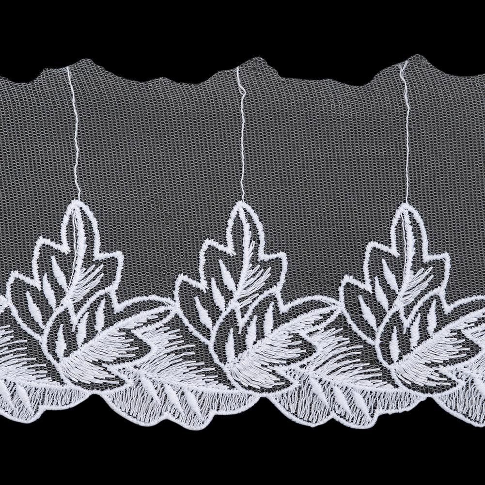 Embroidered Lace Tulle Trim with One Scalloped Edge - 4.5" - White Fallen Leaves