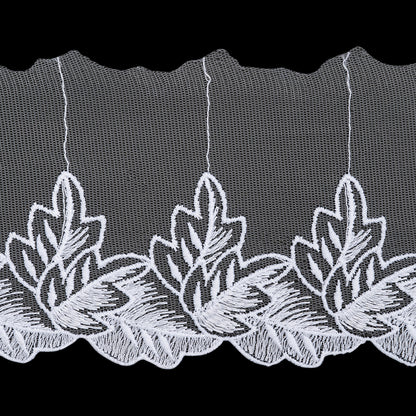 Embroidered Lace Tulle Trim with One Scalloped Edge - 4.5" - White Fallen Leaves