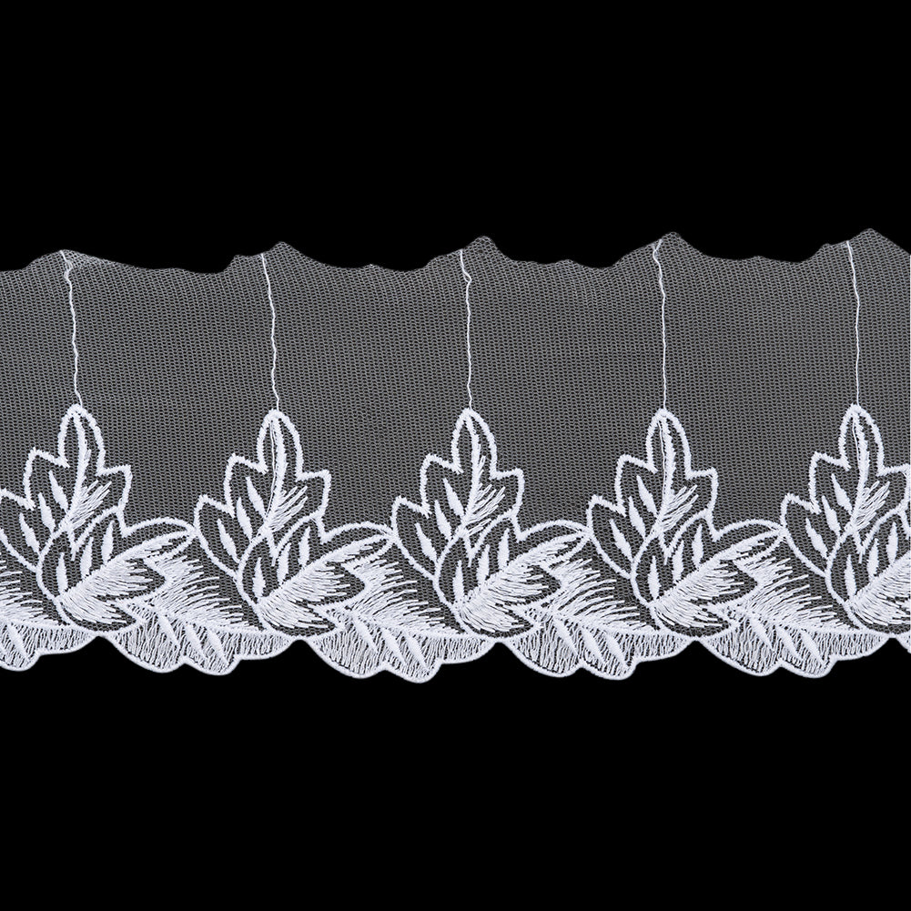 Embroidered Lace Tulle Trim with One Scalloped Edge - 4.5" - White Fallen Leaves