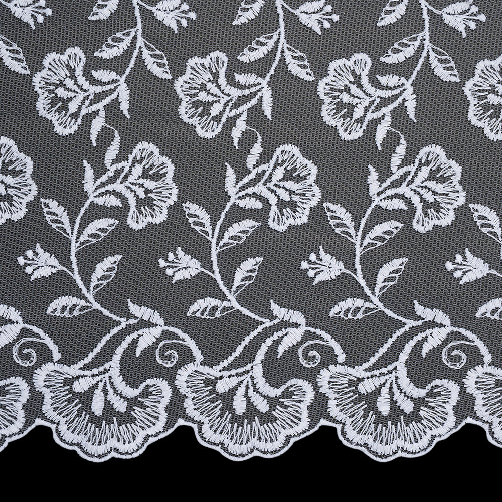 Wide Embroidered Lace Tulle Trim with Scalloped Edges - 9.5" - White Floral Waves