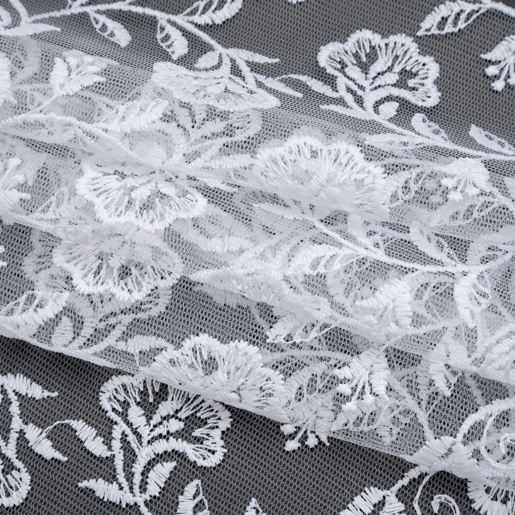 Wide Embroidered Lace Tulle Trim with Scalloped Edges - 9.5" - White Floral Waves