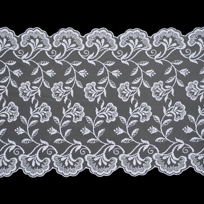 Wide Embroidered Lace Tulle Trim with Scalloped Edges - 9.5" - White Floral Waves