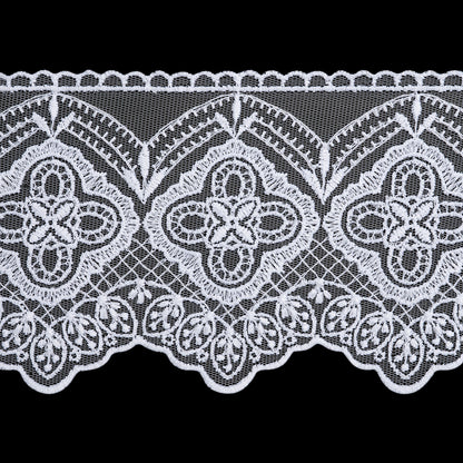 Embroidered Lace Tulle Trim with Scalloped Edges - 3.875" - White Quatrefoil Floral