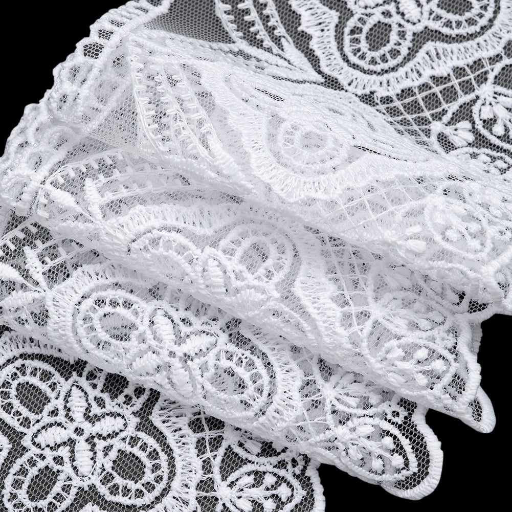 Embroidered Lace Tulle Trim with Scalloped Edges - 3.875" - White Quatrefoil Floral