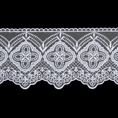 Embroidered Lace Tulle Trim with Scalloped Edges - 3.875" - White Quatrefoil Floral