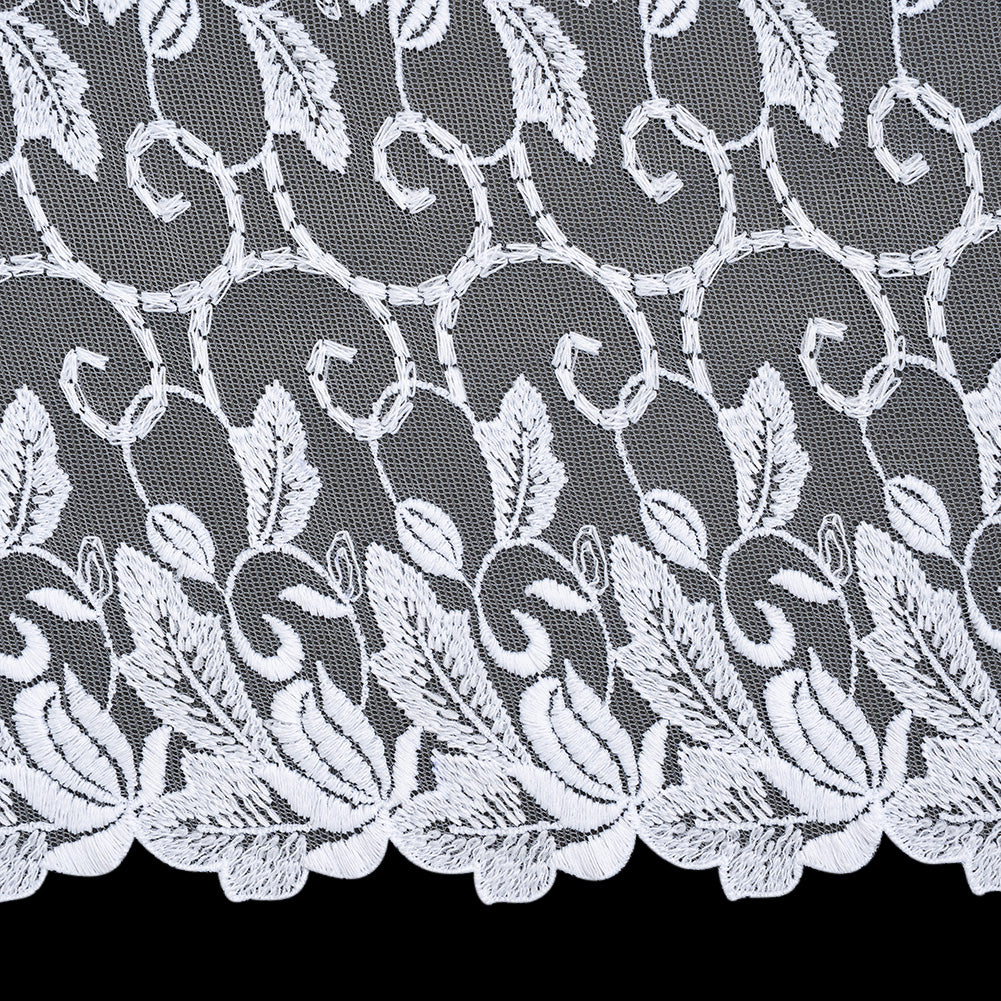 Wide Embroidered Lace Tulle Trim with Scalloped Edges - 9.375" - White Leaves and Vines
