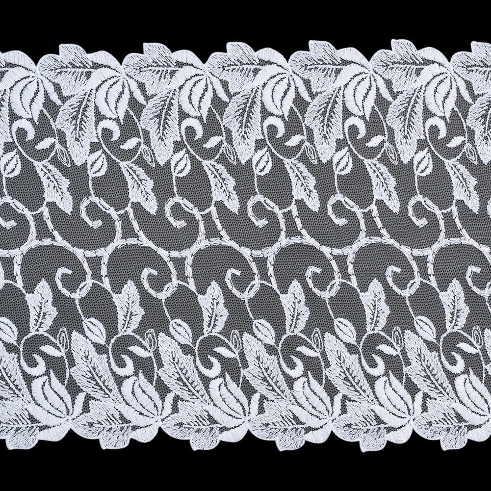 Wide Embroidered Lace Tulle Trim with Scalloped Edges - 9.375" - White Leaves and Vines