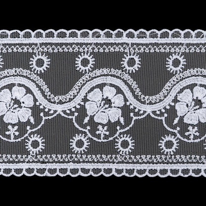 Embroidered Lace Tulle Trim with Scalloped Edges - 3.5" - White Suns and Flowers on Waves