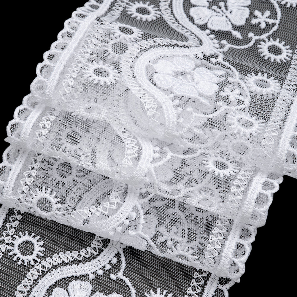 Embroidered Lace Tulle Trim with Scalloped Edges - 3.5" - White Suns and Flowers on Waves