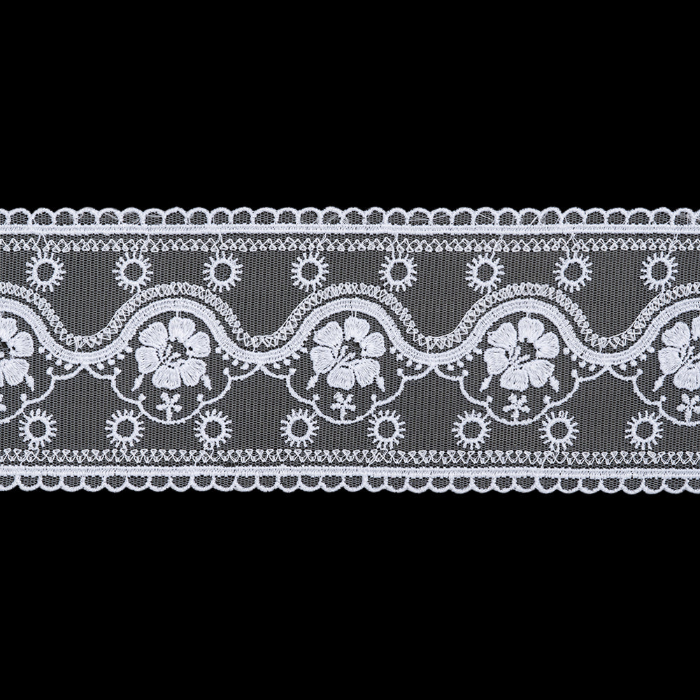 Embroidered Lace Tulle Trim with Scalloped Edges - 3.5" - White Suns and Flowers on Waves