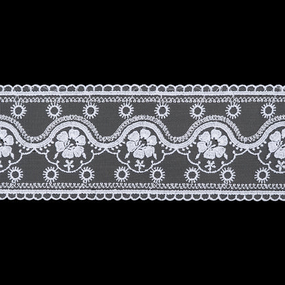 Embroidered Lace Tulle Trim with Scalloped Edges - 3.5" - White Suns and Flowers on Waves