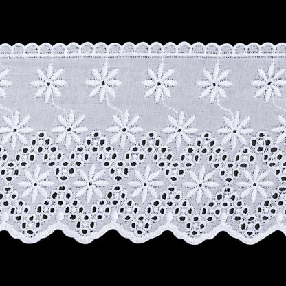 Cotton and Polyester Embroidered Eyelet Lace Trim with Scalloped Edges - 3.625" - White Flowers and Dotted Diamonds