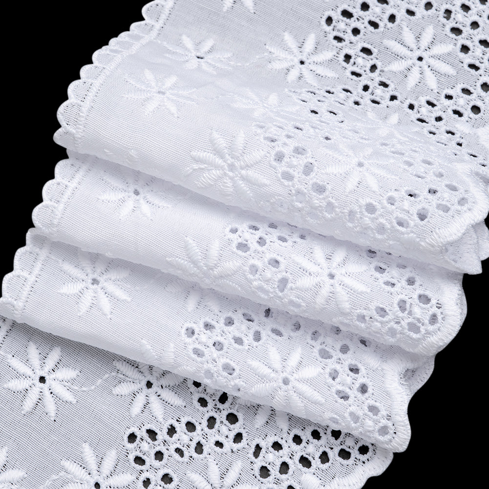 Cotton and Polyester Embroidered Eyelet Lace Trim with Scalloped Edges - 3.625" - White Flowers and Dotted Diamonds