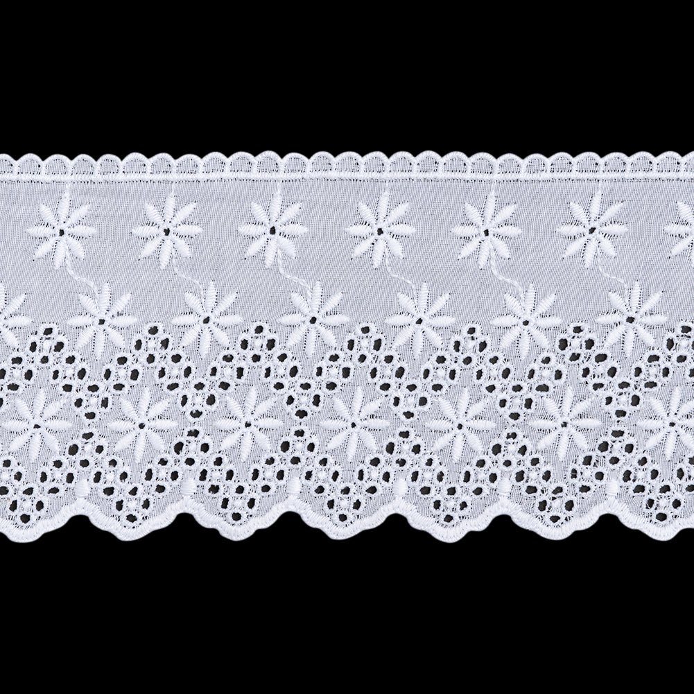 Cotton and Polyester Embroidered Eyelet Lace Trim with Scalloped Edges - 3.625" - White Flowers and Dotted Diamonds