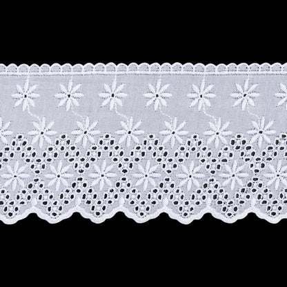 Cotton and Polyester Embroidered Eyelet Lace Trim with Scalloped Edges - 3.625" - White Flowers and Dotted Diamonds
