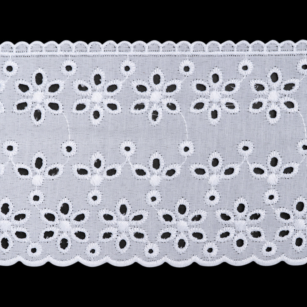 Cotton and Polyester Embroidered Eyelet Lace Trim with Scalloped Edges - 4" - White Floral Lines